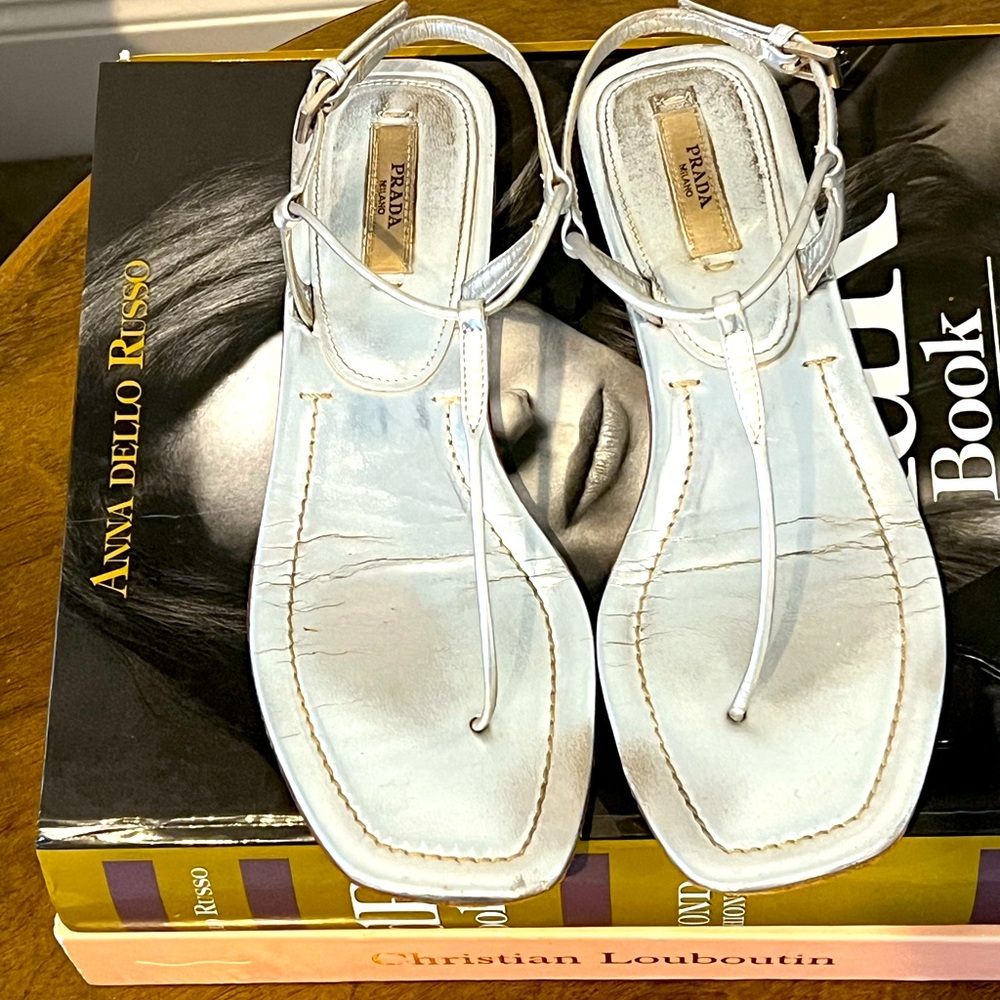 Prada Silver Metallic Argento Leather Thong Sandal Sz. 37 US 7 $875